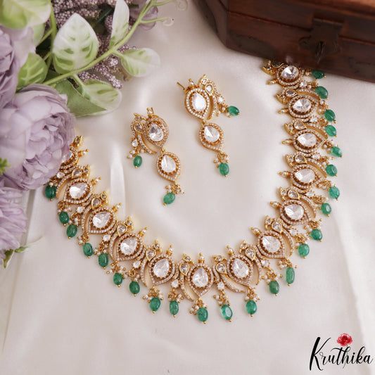 Premium Peacock Motifs Polki Victorian Choker With Green Bead Drops NC3018 (Available In 2 Colors)