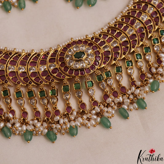 Premium Floral Geometric Motifs Jadau Choker With Green Bead Drops NC3022