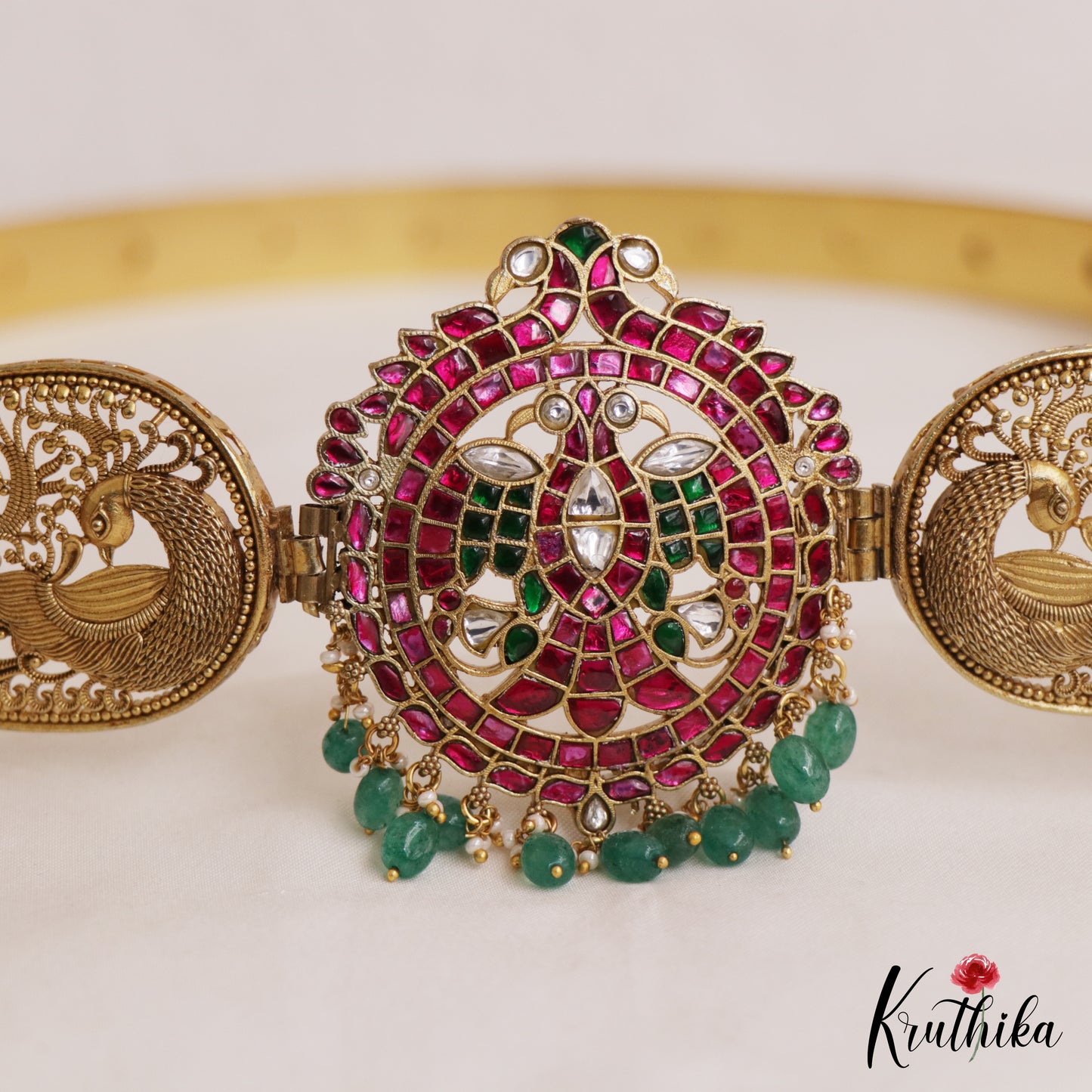 Stunning Antique Nagas Peacock Motifs Jadau Hip Belt With Green Bead Drops V359