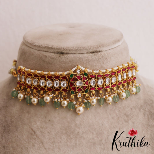Beautiful Geometric Motifs Kemp Choker With Green Bead Drops NC2849