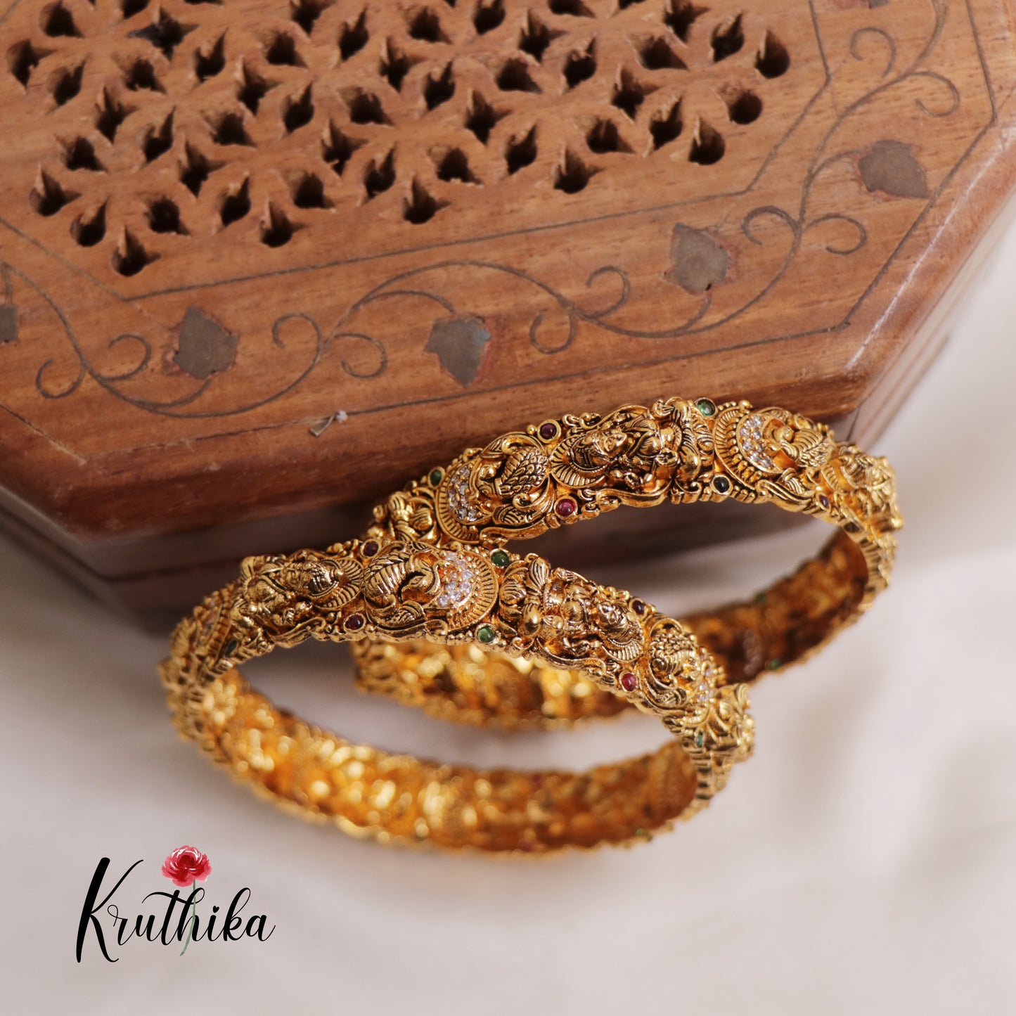 Premium Gold replica Temple Lakshmi peacock AD bangles (set of 2) B328