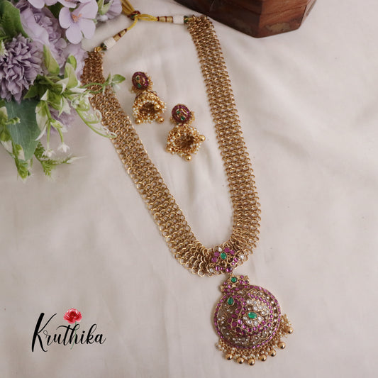 Classic Jadau Peacock Pendant Necklace with Golden Loop Chain Design and Jhumkas LH1935