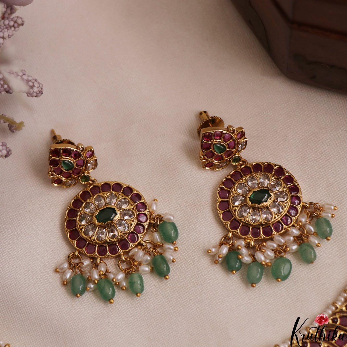 Premium Floral Geometric Motifs Jadau Choker With Green Bead Drops NC3022