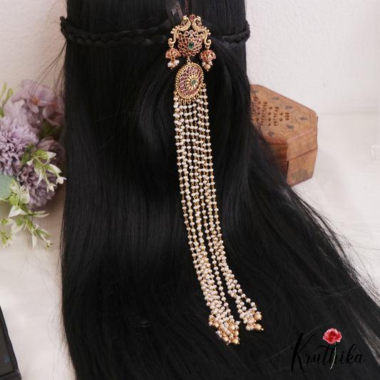 Gorgeous Peacock Floral Motifs Multi Pearl Strand Jada Billa With Golden Bead Drops J362