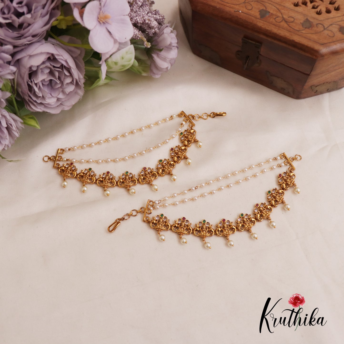 Beautiful Lakshmi Pearl Drop With Triple Layered Earchains EC169