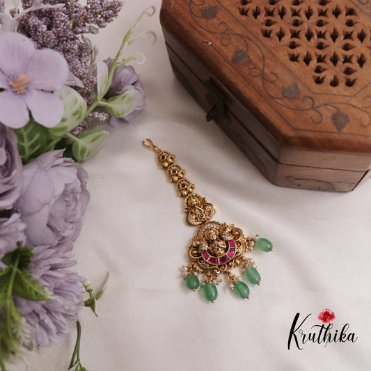 Stunning Jadau Antique Lakshmi Maang Tikka With Pearl Drops MT294 (Available In 2 Colours)