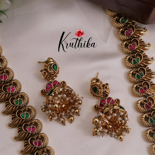 Elegant Jadau Lakshmi Peacock Haaram with Golden Beads Drops LH1977