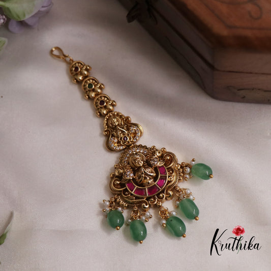 Stunning Jadau Antique Lakshmi Maang Tikka With Pearl Drops MT294 (Available In 2 Colours)