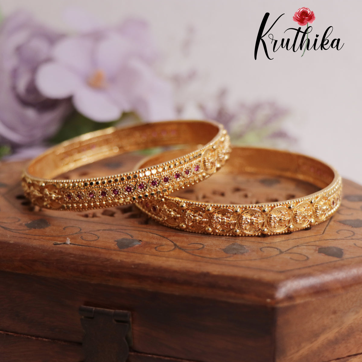 Micro Plated Traditional Antique Gold-Finish Stone Bangles B325