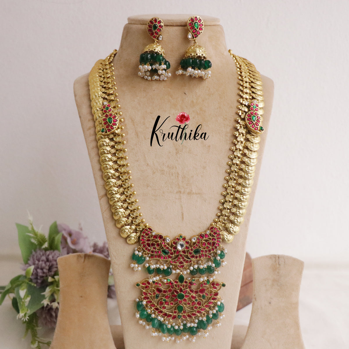 Royal Peacock Antique Jadau Kasu Haram with Pearl Drops LH1930