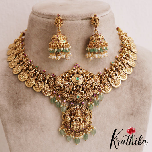 Gorgeous Antique Nagas Lakshmi Motifs Kasu Necklace With Green Bead Drops NC2851