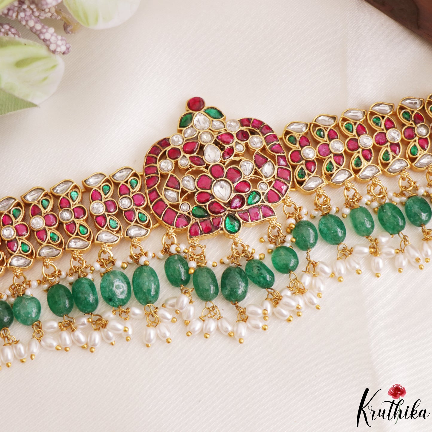 Stunning Floral Motifs Jadau Necklace With Green Bead Drops NC3270