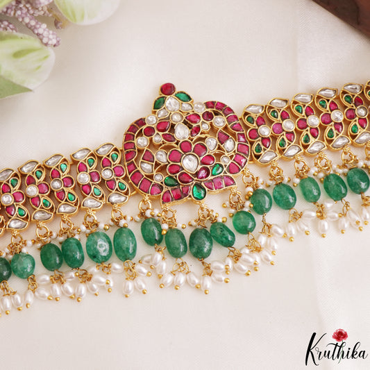 Stunning Floral Motifs Jadau Necklace With Green Bead Drops NC3270