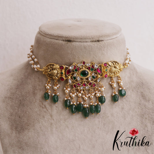 Stunning Elephant Leaf Motifs Jadau Choker With Green Bead Drops NC2960
