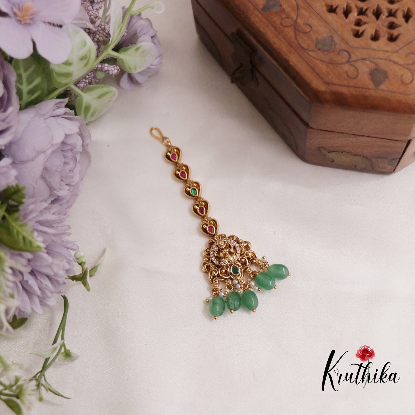 Beautiful Jadau Antique Lakshmi Maang Tikka With Pearl Drops MT293 (Available In 2 Colours)