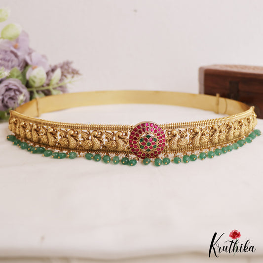 Premium Antique Floral Peacock Motifs Jadau Hip Belt With Bead Drops V356 (Available In 4 Colors)