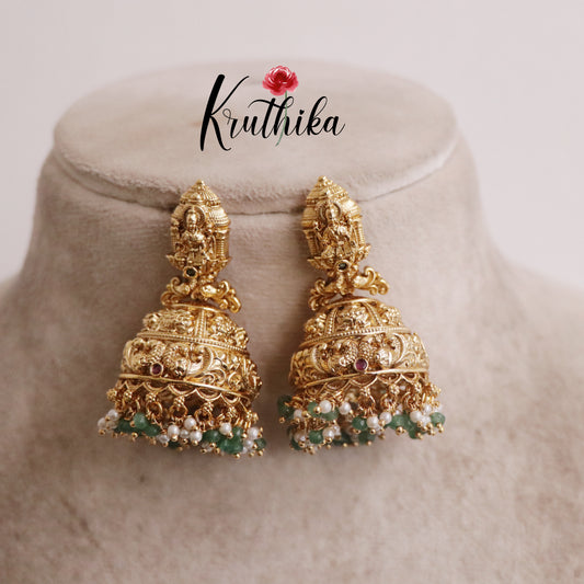 Premium Temple Lakshmi Jhumkas with Beads Drops E646 (Available in 2 Colors)