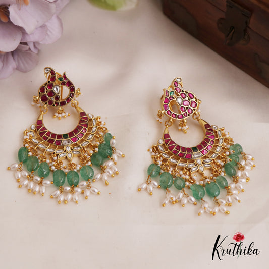 Beautiful Peacock Motifs Chandbali Jadau Earrings With Green Bead Drops E969
