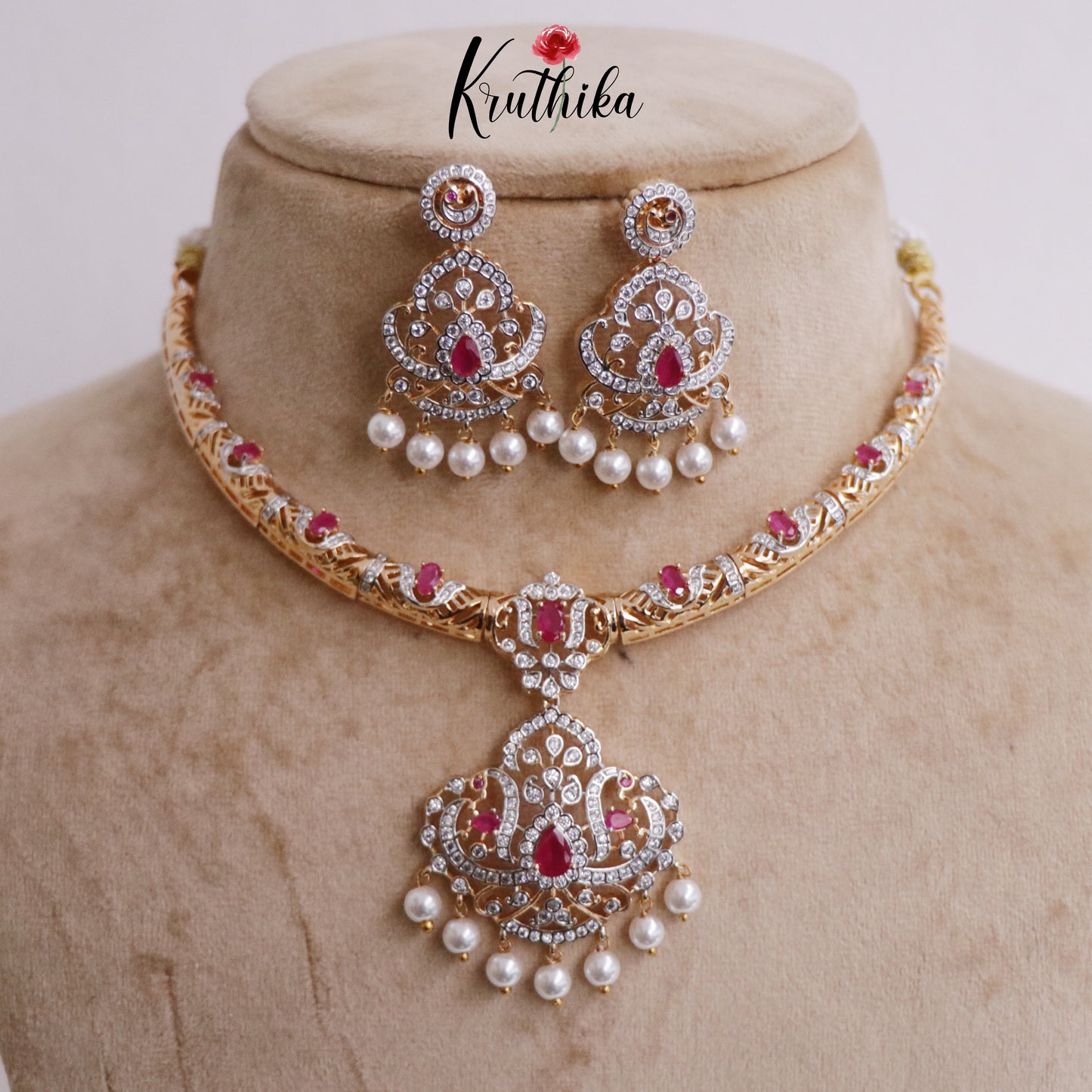 Simple AD/ Victorian Hasli Necklace with Peacock Pendant Drops NC2251 (Available in 3 Colours)