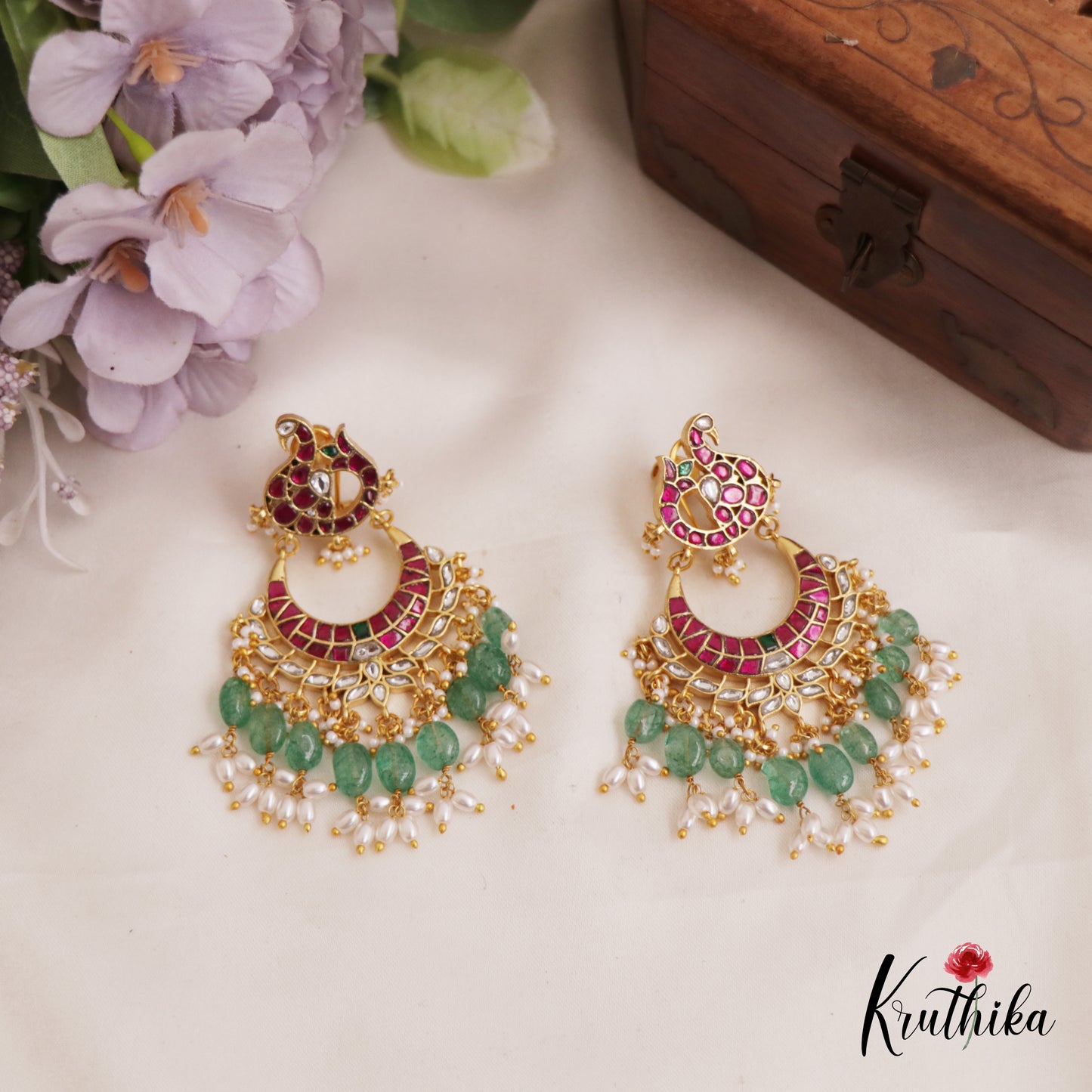 Beautiful Peacock Motifs Chandbali Jadau Earrings With Green Bead Drops E969