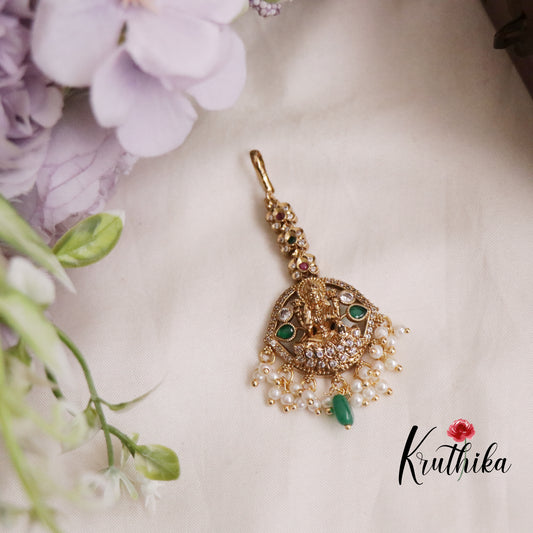 Beautiful CZ Temple Lakshmi Maang Tikkas with Pearl Drops MT275 (Available in 2 Colors)