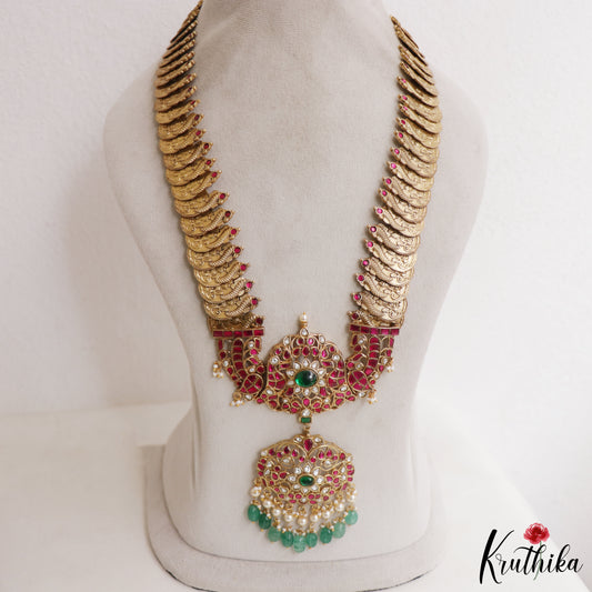 Gorgeous Floral Peacock Motifs Kasu Jadau Haaram With Green Bead Drops LH2106