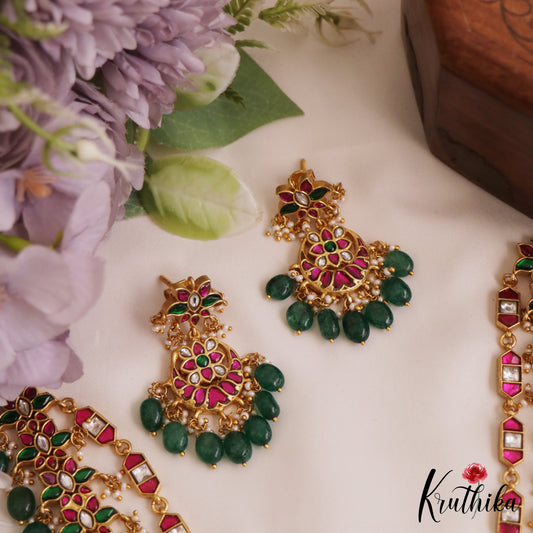 Gorgeous Lakshmi Floral Motifs Jadau Haaram With Green Bead Drops LH2064