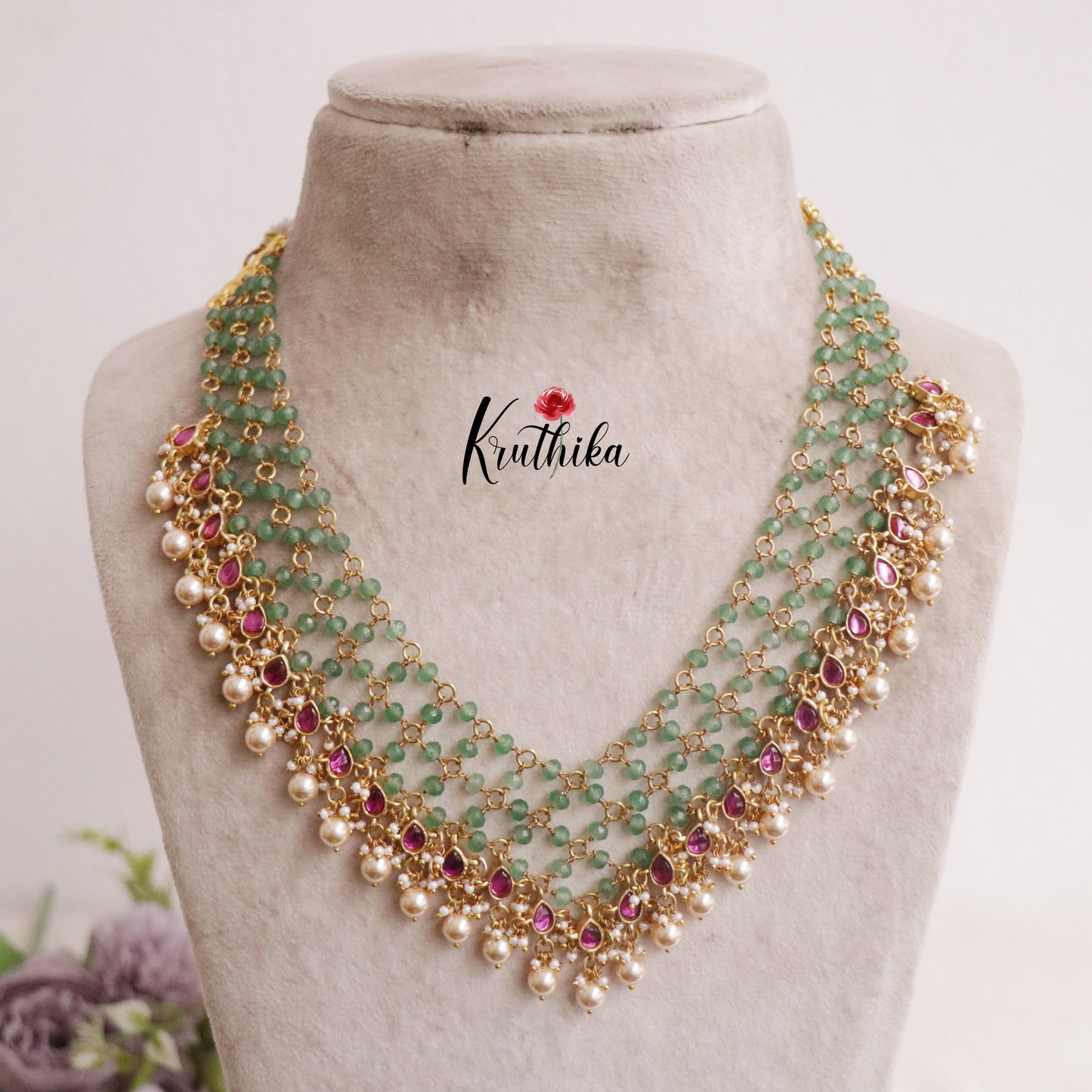 Trendy Onyx Beads Layered Pink Stone Choker With Golden Beads Drops NC2215