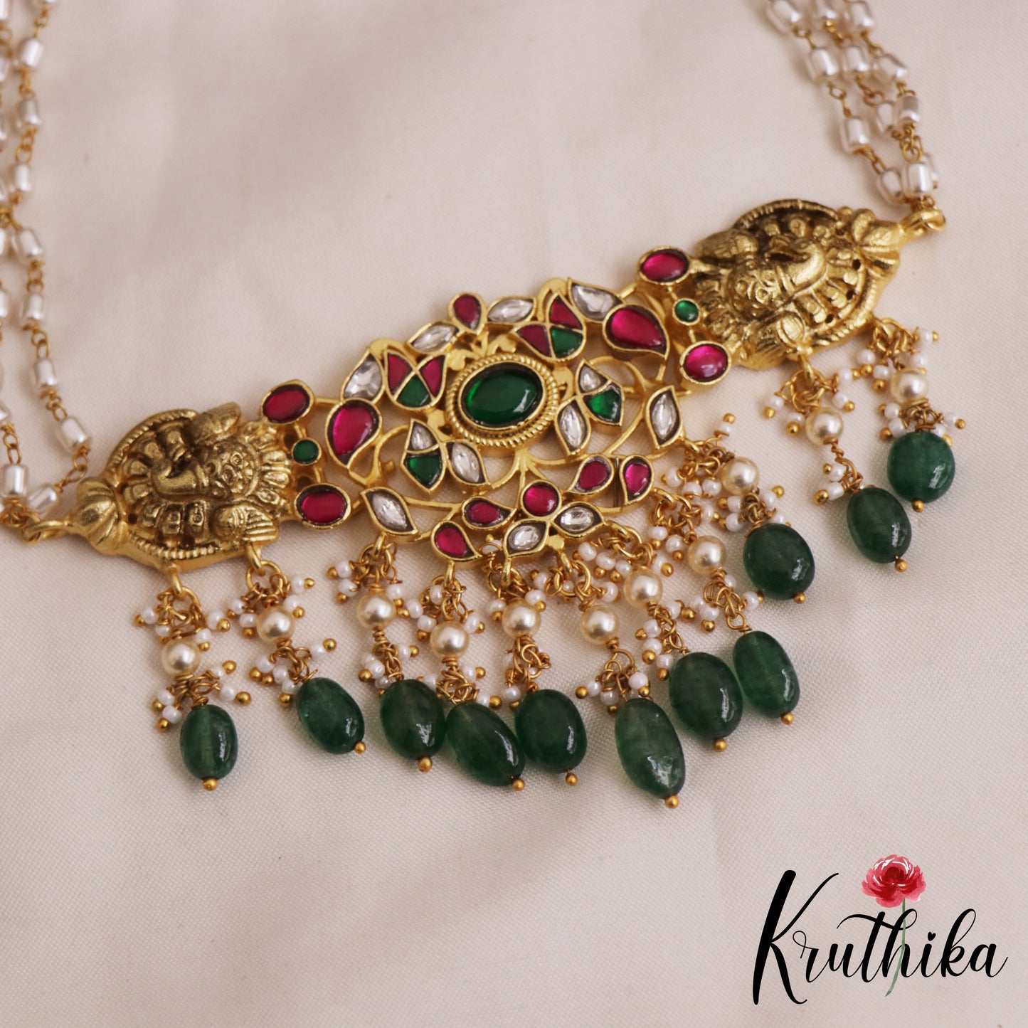 Stunning Elephant Leaf Motifs Jadau Choker With Green Bead Drops NC2960