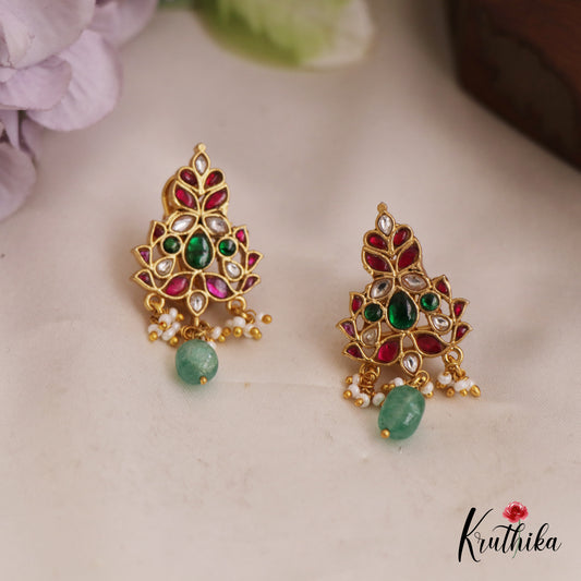 Stunning Leaf Motifs Jadau Stud Earrings With Green Bead Drops E968