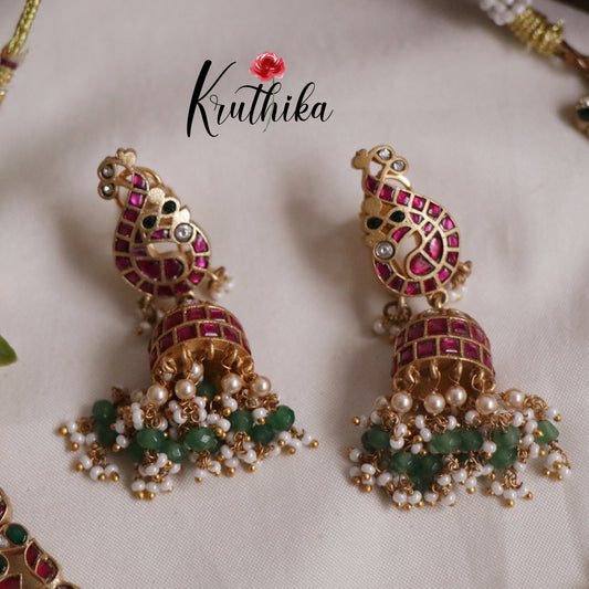 Grand Peacock Jadau Necklace with Pastel Green Drops NC2180