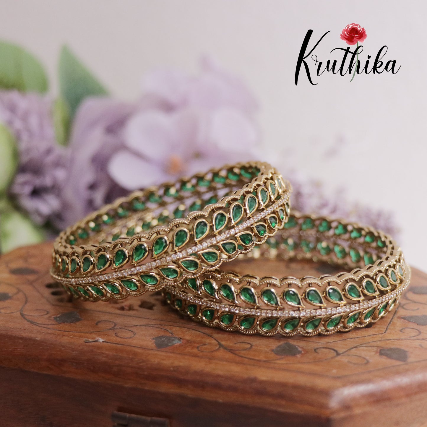 Trendy CZ Leaf Victorian Bangles B297 (Available in 2 Colours)| (Set of 2 Bangles)