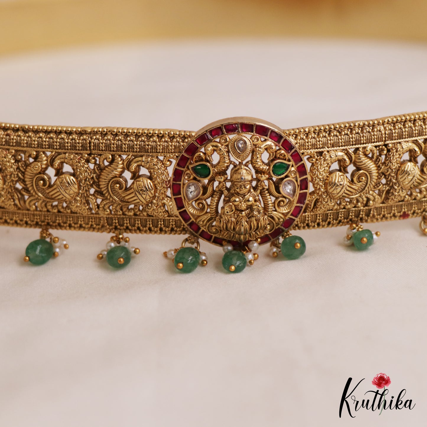 Stunning Antique Lakshmi Peacock Motifs Kemp Hip Belt With Bead Drops V353 (Available In 2 Colors)