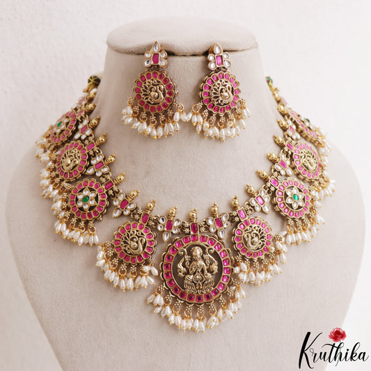 Royal Antique Lakshmi Bottu Jadau Haaram With Rice Pearl Drops NC3172
