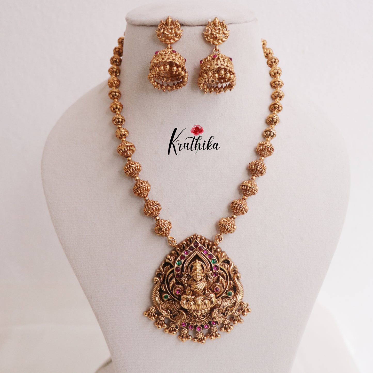 Beautiful Temple Lakshmi Pendant Necklace with Golden Beads Drops NC2325