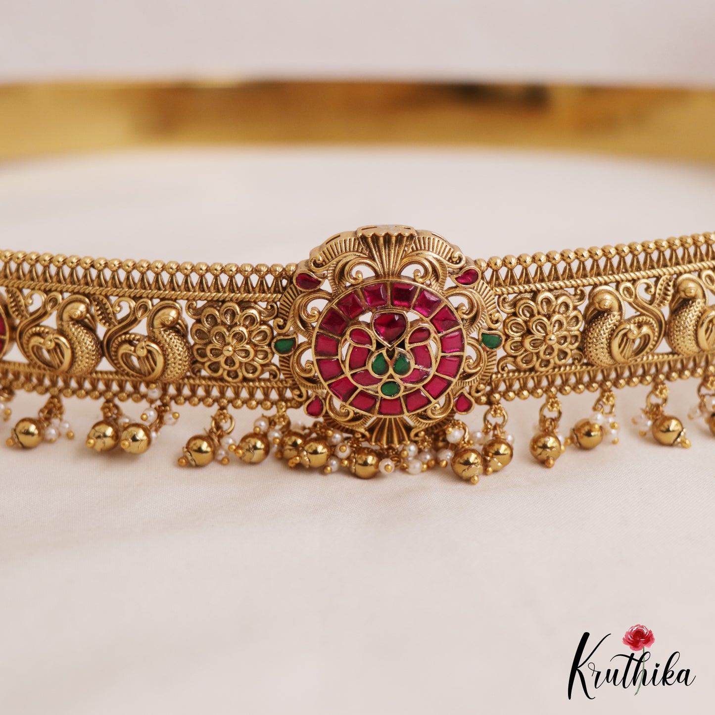 Stunning Antique Floral Peacock Motifs Kemp Hip Belt With Golden Bead Drops V355 (Available In 2 Colors)