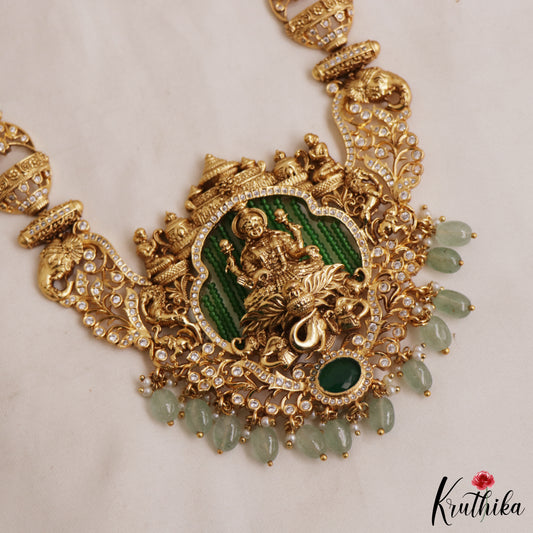 Premium Antique Lakshmi Motifs CZ Haaram With Mint Green Drops LH2105