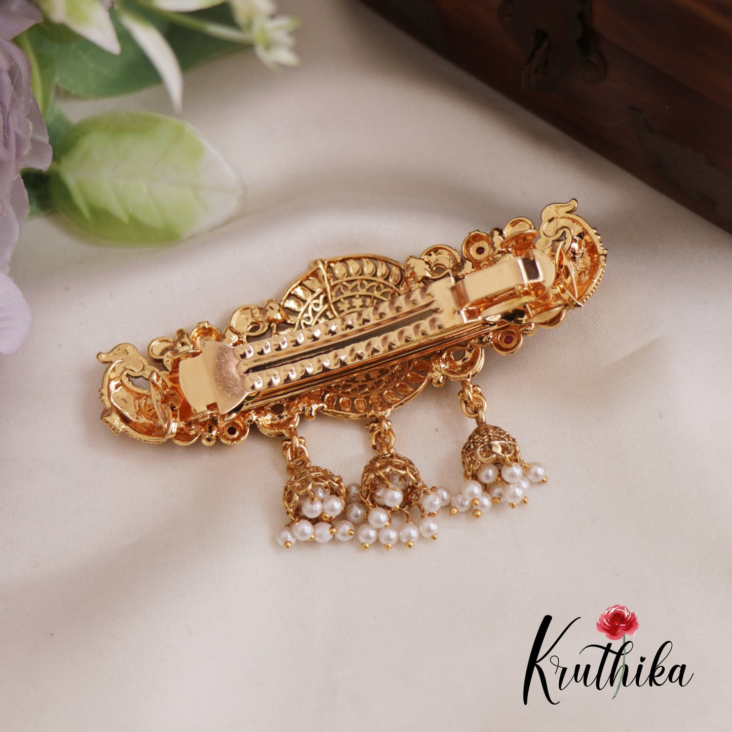 Gorgeous Peacock Floral Motifs Hair Clip With Jhumka Pearl Drops J300 (Available In 2 Colors)