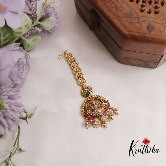 Premium Jadau Antique Lakshmi Maang Tikka With Pearl Drops MT298 (Available In 2 Colours)