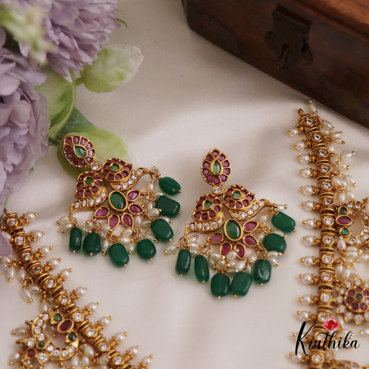 Gorgeous Kemp Floral Mango Motifs Guttapoosalu Necklace With Green Bead Drops NC2650
