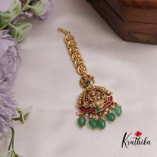 Premium Jadau Antique Lakshmi Maang Tikka With Pearl Drops MT298 (Available In 2 Colours)