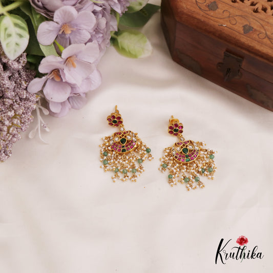Trendy Peacock Floral Motifs Chandbali Earrings With Pearl And Bead Drops E980