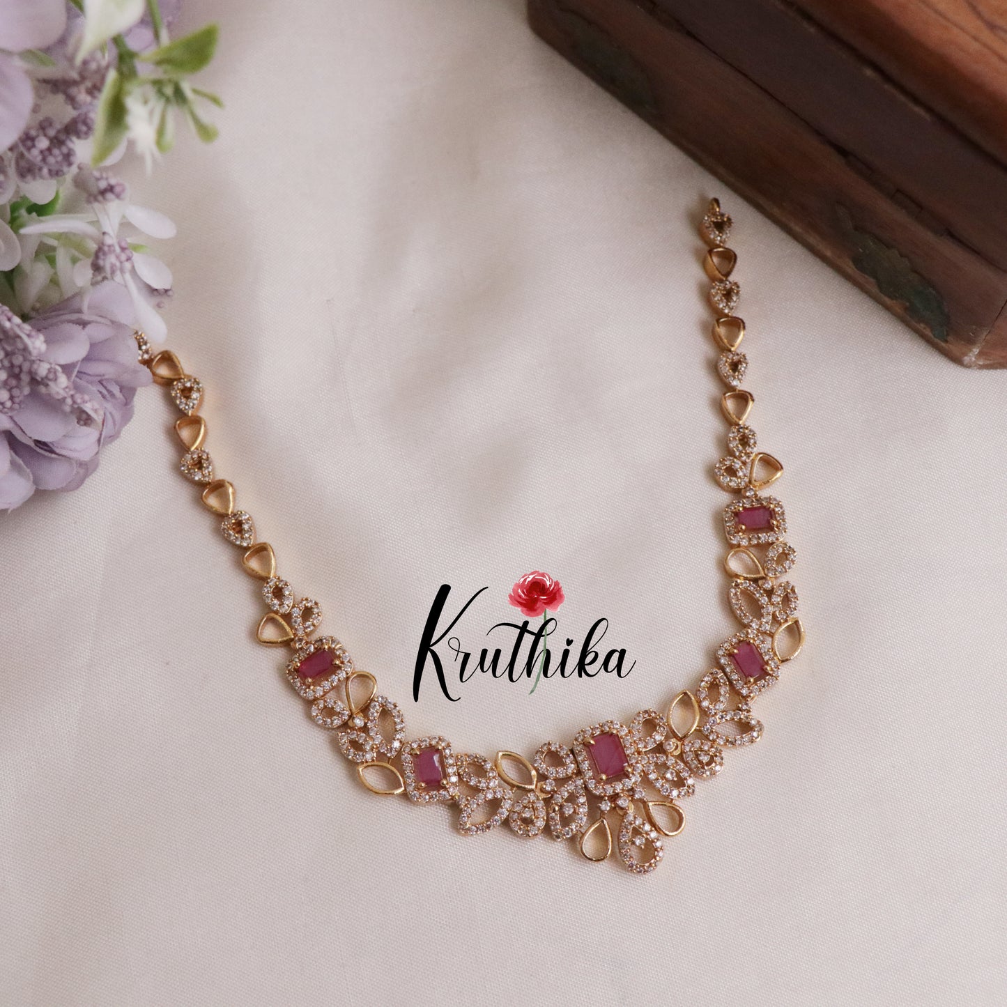 Beautiful CZ Floral Ruby and Leaf Motifs Necklace NC2125