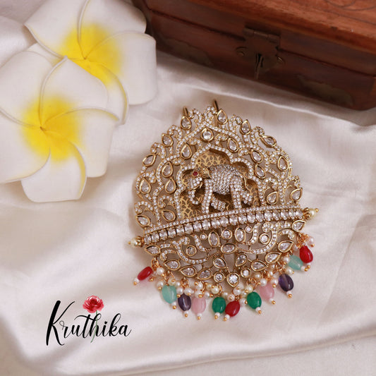 Premium AD/Victorian Elephants Jada Billa with Multi Beads Drops J72