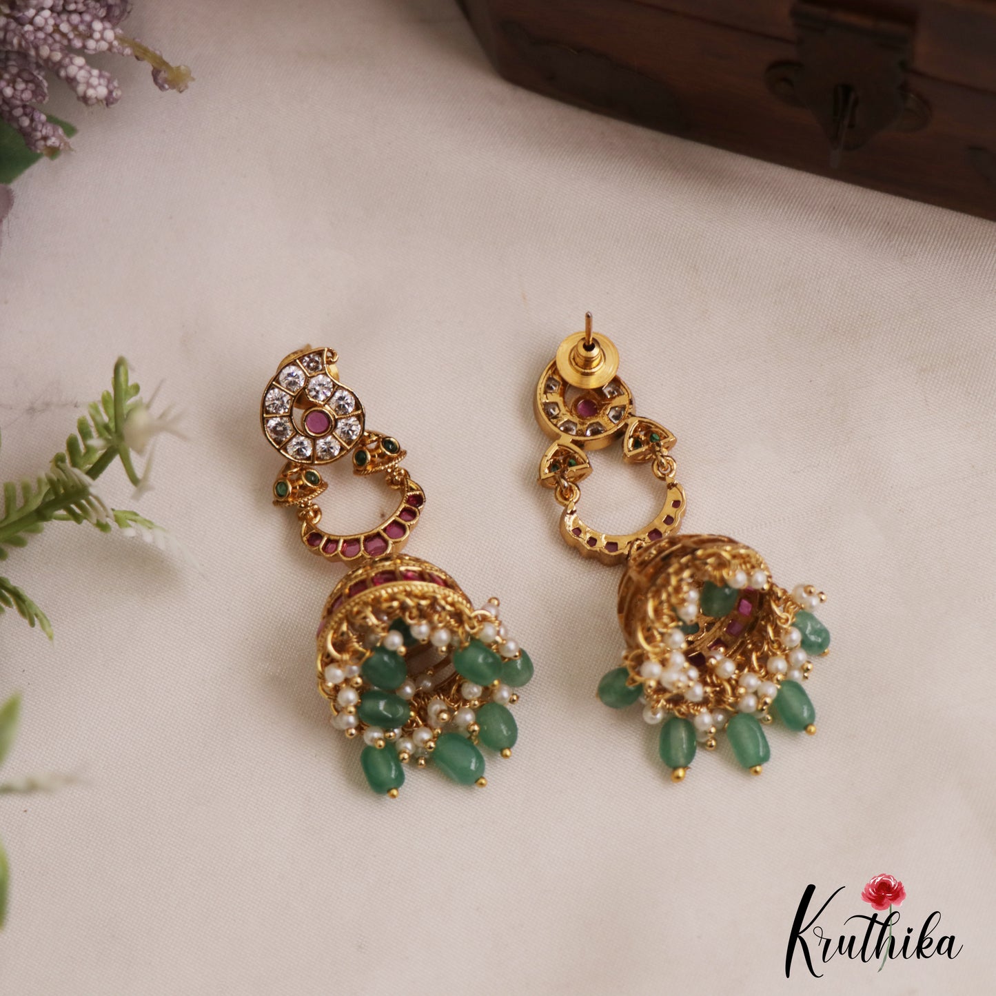 Beautiful Mango Motifs Kemp Jhumkas With Pearl Bead Drops E1104 (Available In 2 Colors)