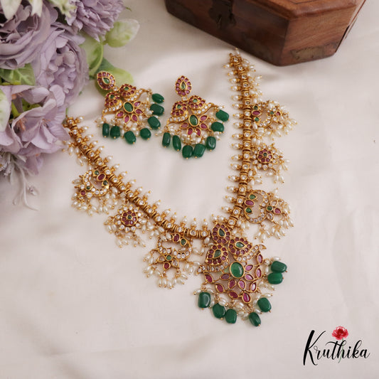 Gorgeous Kemp Floral Mango Motifs Guttapoosalu Necklace With Green Bead Drops NC2650