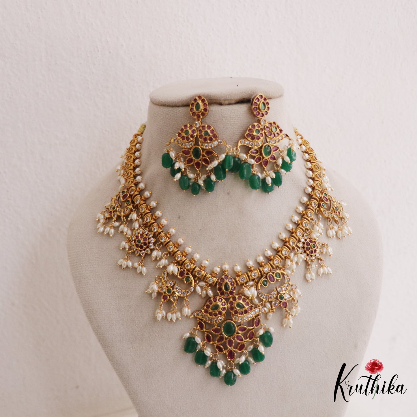 Gorgeous Kemp Floral Mango Motifs Guttapoosalu Necklace With Green Bead Drops NC2650