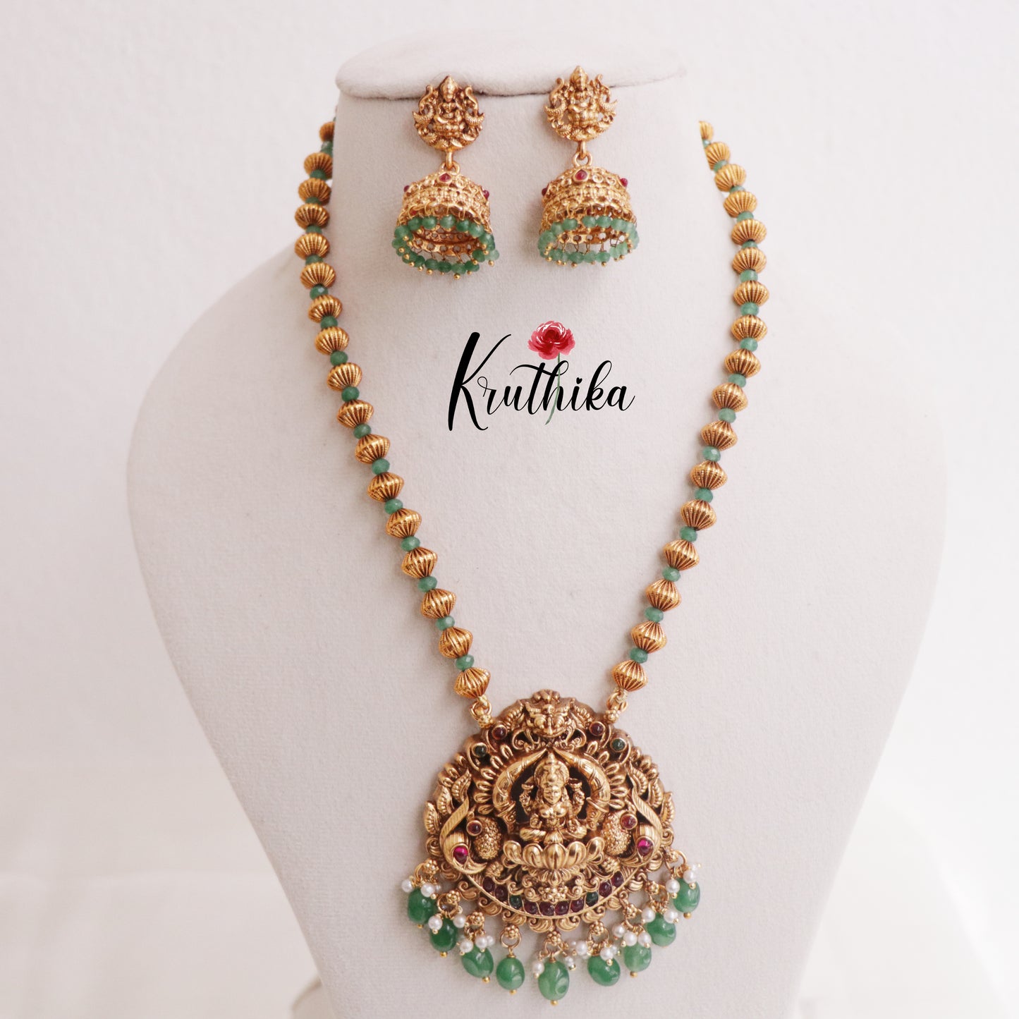 Beautiful Temple Lakshmi Necklace with Green Beads NC2317