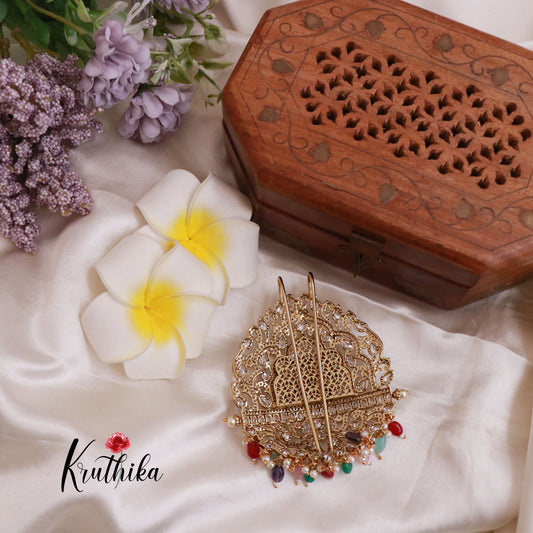 Premium AD/Victorian Elephants Jada Billa with Multi Beads Drops J72