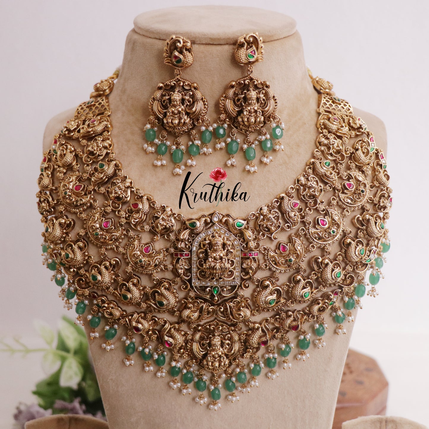 Premium Bridal Three Layer Temple Lakshmi and Peacock Jadau Necklace with Pastel Green Beads NC2260